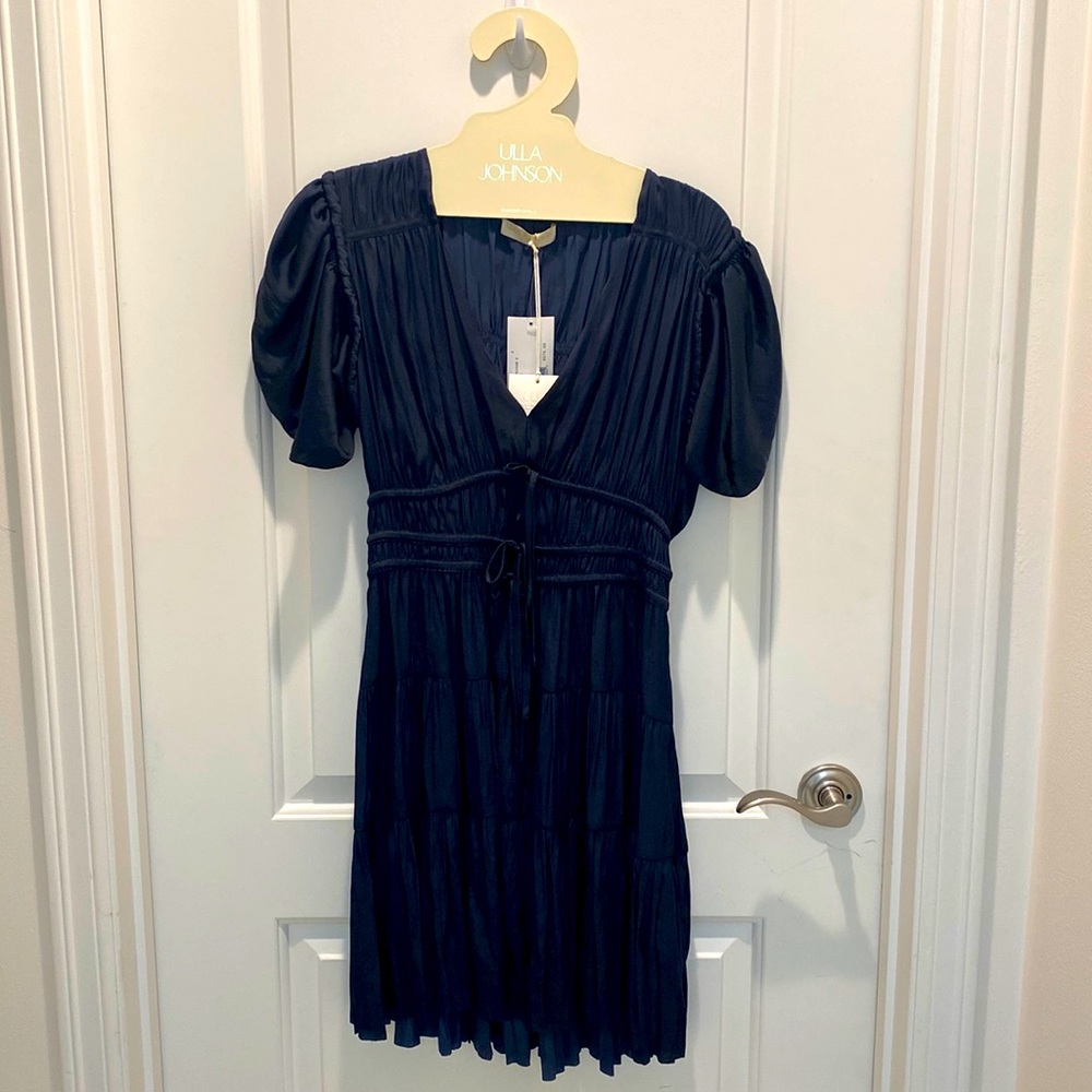 Ulla Johnson Women's Navy Satin Azaria Shirred Pleated Mini Dress Size 4.